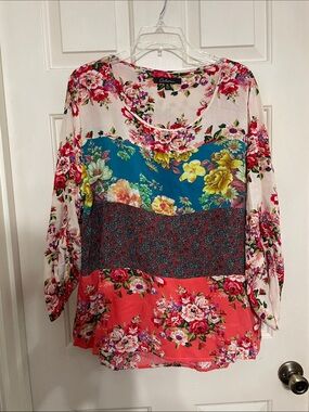 CALE Floral Patchwork Long-Sleeve Top - Pink, Teal, Coral